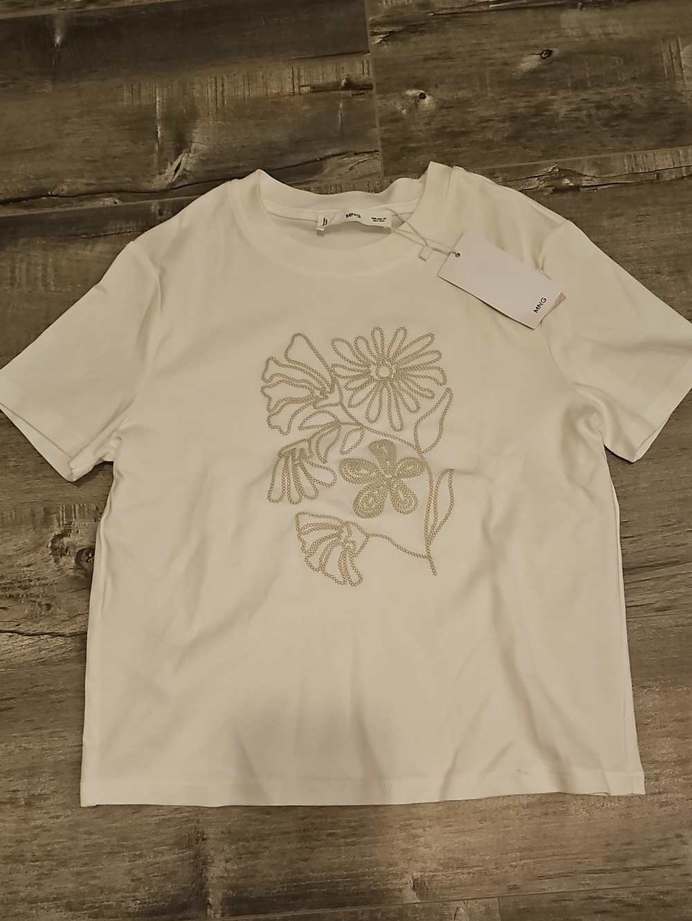 MNG White Floral Embellished Short Sleeve T-Shirt 100% Cotton BNWT